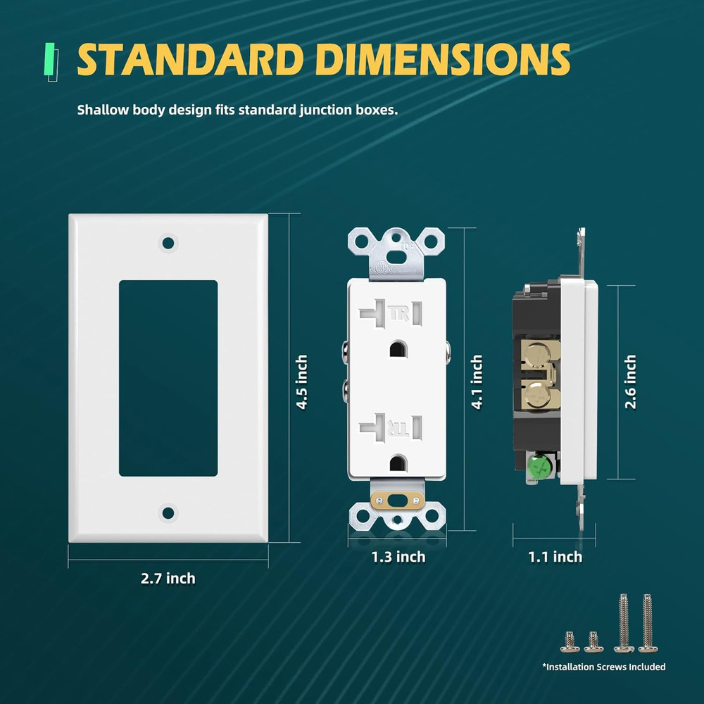 10Pack Decorator Receptacle Outlet, 20A Tamper-Resistant Electrical Wall Socket,