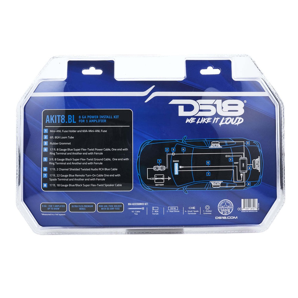 DS18 AKIT8.BL 8-GA Amplifier Installation Wiring Kit - Blue