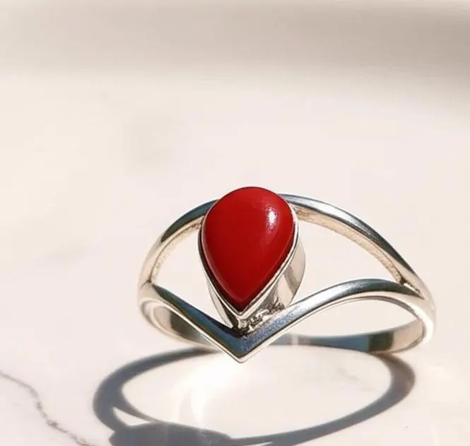 Solid 925 Sterling Silver Natural Red Coral Pear Shape Gemstone Handmade Ring