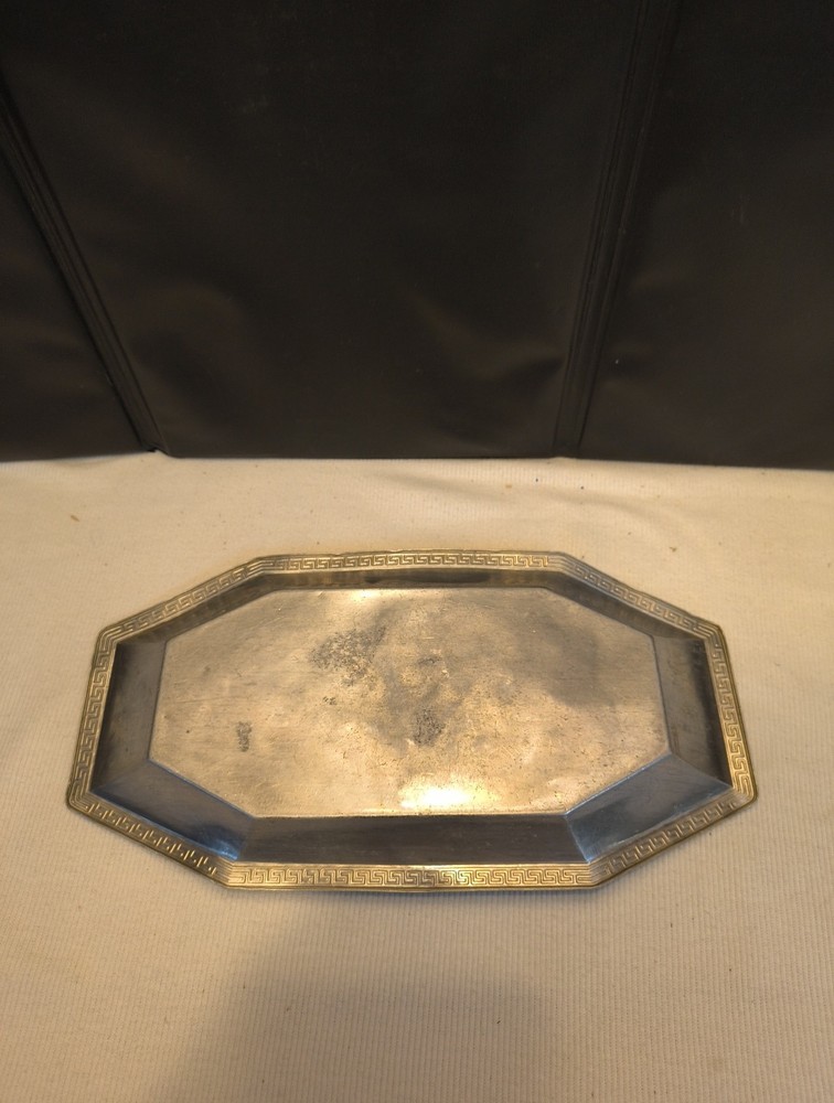 Antique Octagonal Dish Tray Aluminum Jake Lambert Yards, WI w/ Greek Key 11x5.5"
