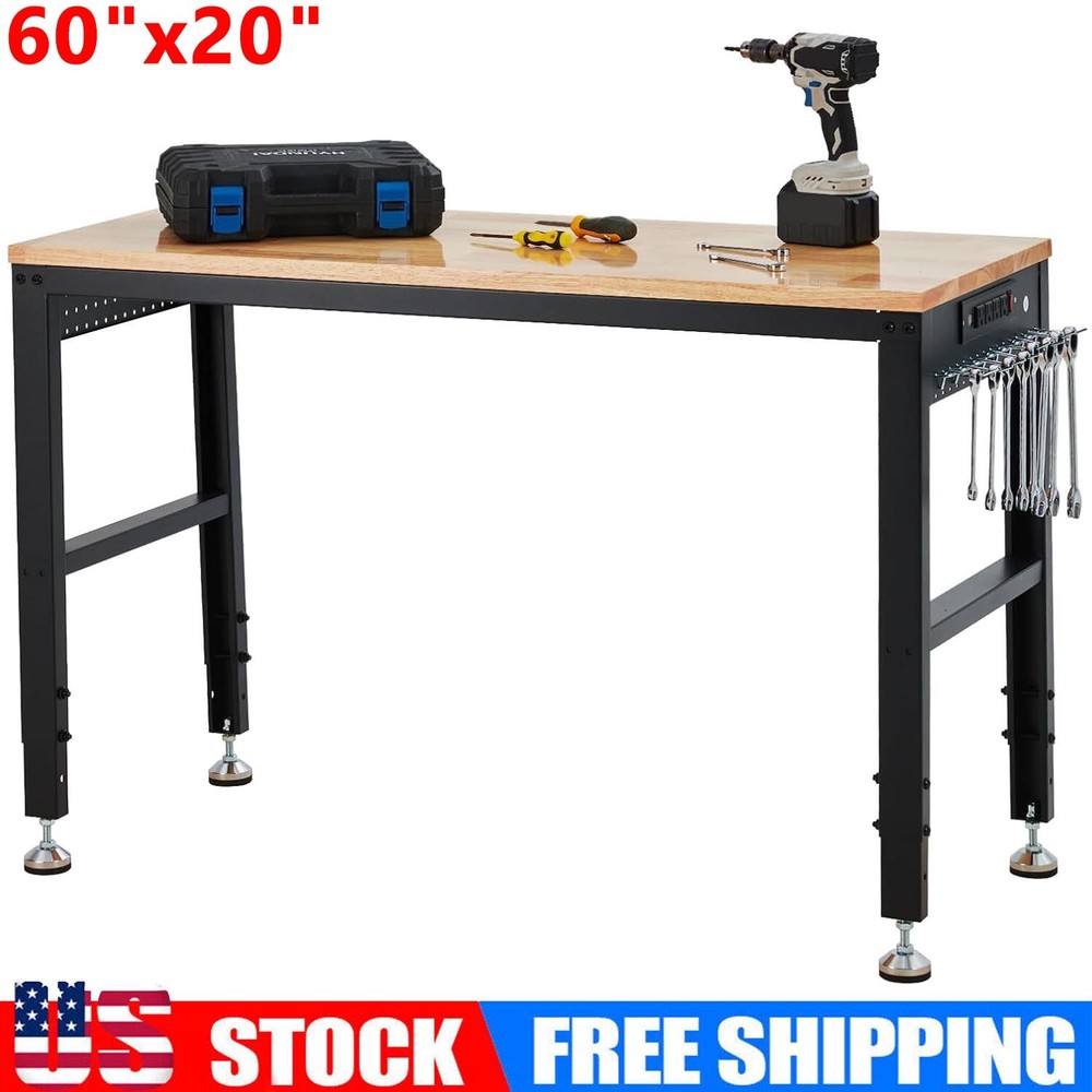 60" Adjustable Work Bench Heavy Duty Worktable for Workshop Garage 2000 Lbs Load