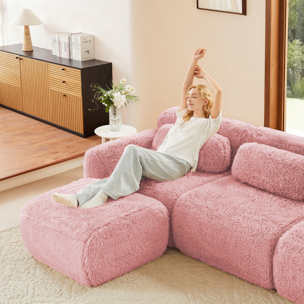 Modular Sectional Sofa w/ Ottoman & Pillows, Plush Pink Fabric