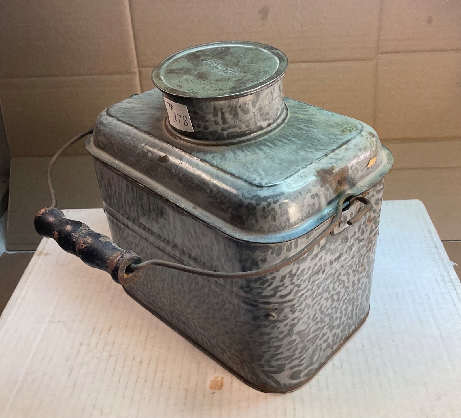 #278 MARKED CREAM CITY GREY GRANITEWARE MINERS RAILROAD LUNCH PAIL 5 PCS 8" TALL