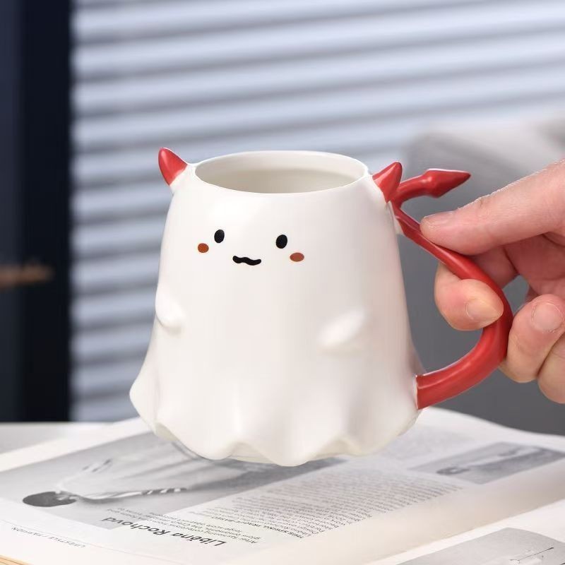 Halloween Ghost-Shaped Ceramic Mug with Devil Horns & Trident Stirrer Starbucks