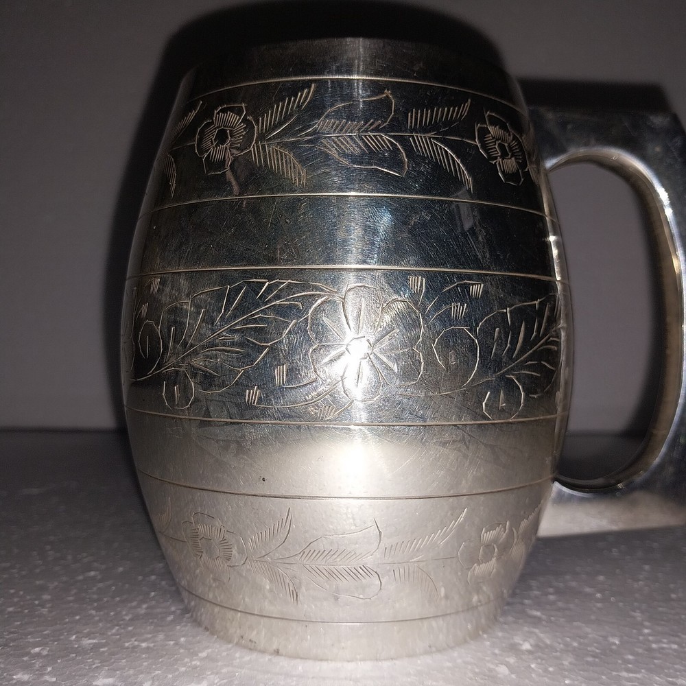 Vintage Silver Plated Elegant Floral Barrel Mug In Box E.P.N.S