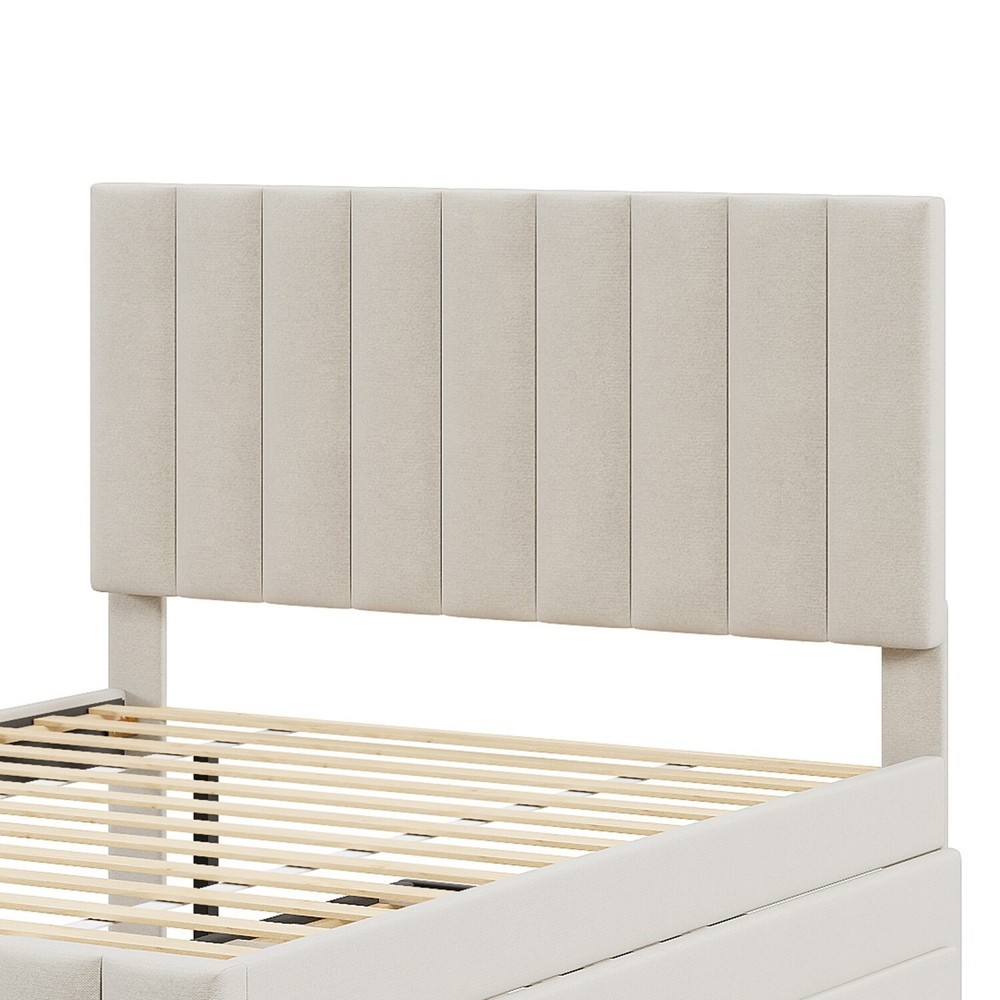 Full Size Bed Frame Upholstered Platform Bed w/ Pull Out Trundle & 3 Drawers