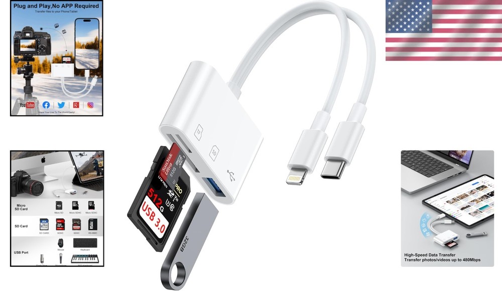 High-Speed Dual Port SD Card Reader for iPhone & Android - USB C & Lightning