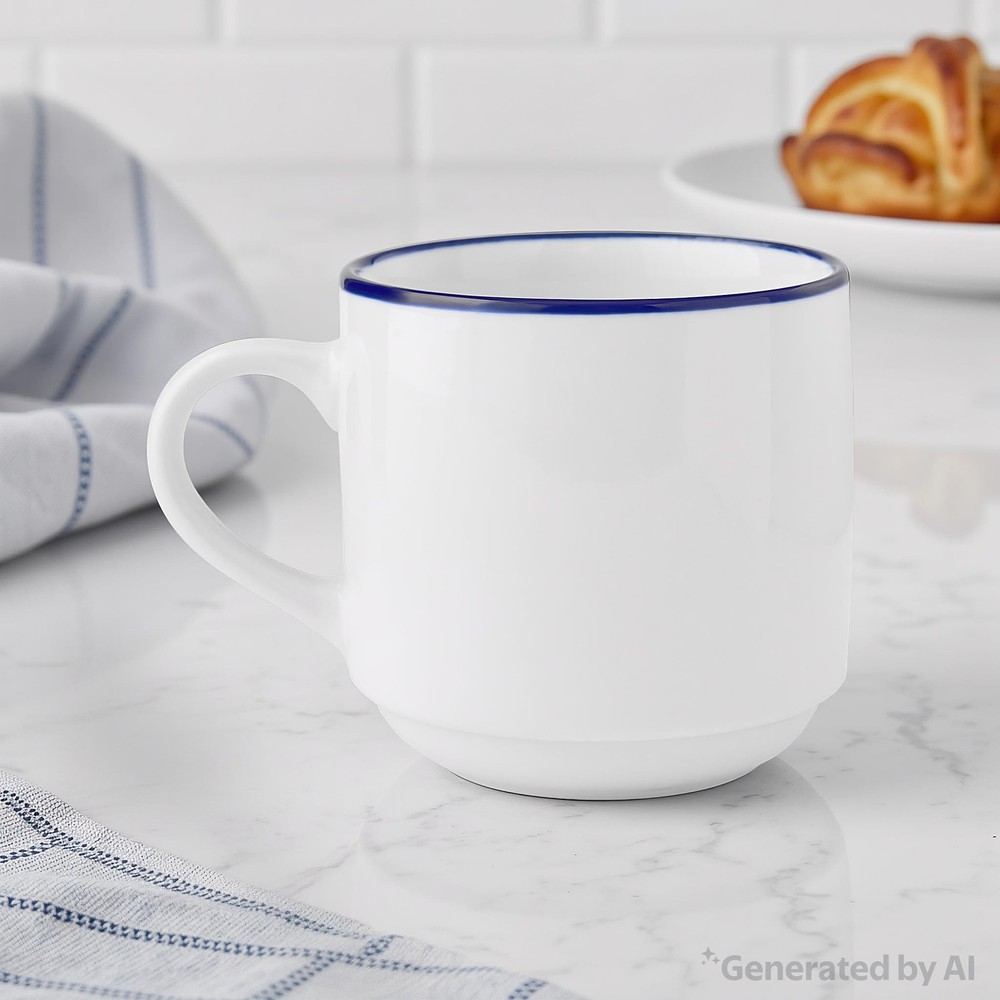 (4 pack 11oz Blue Rim Stoneware White Mug