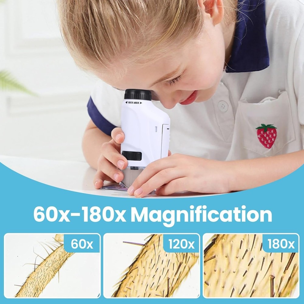 Portable Mini Microscope Handheld 60x-180x Lighted Microscope W/4 Slides, White