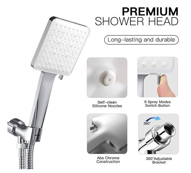Premium Handheld Shower Head with 6-Spray Patterns - Chrome