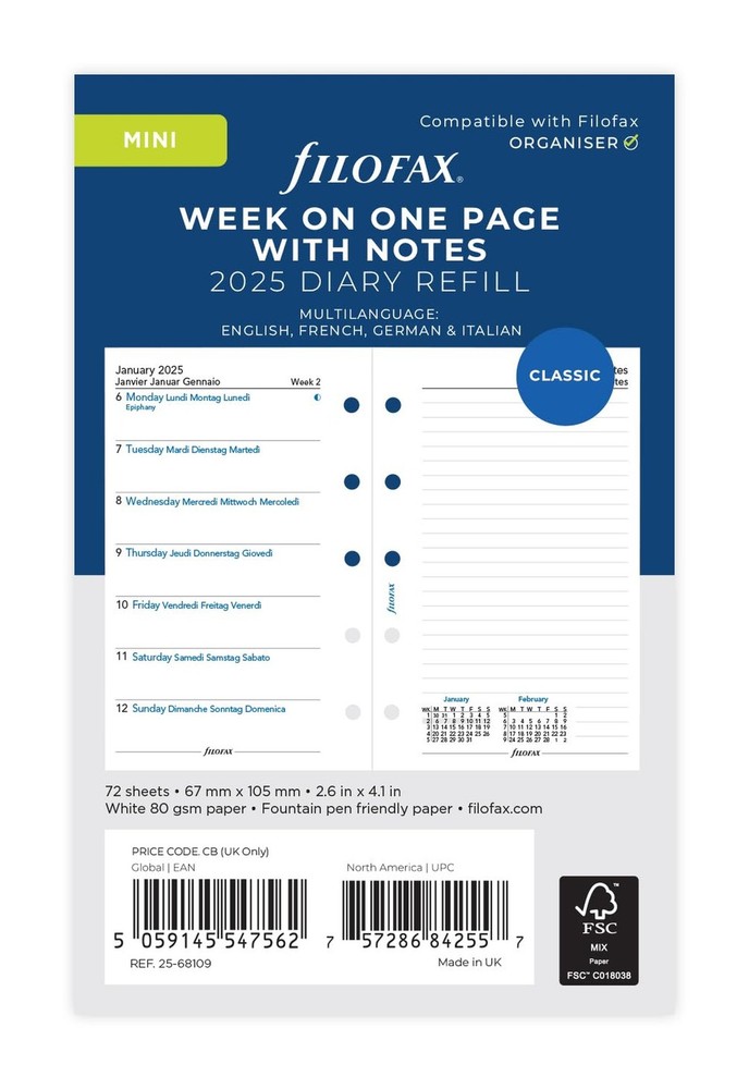 Filofax Mini week per page with notes 4 language 2025 diary White Multilanguage