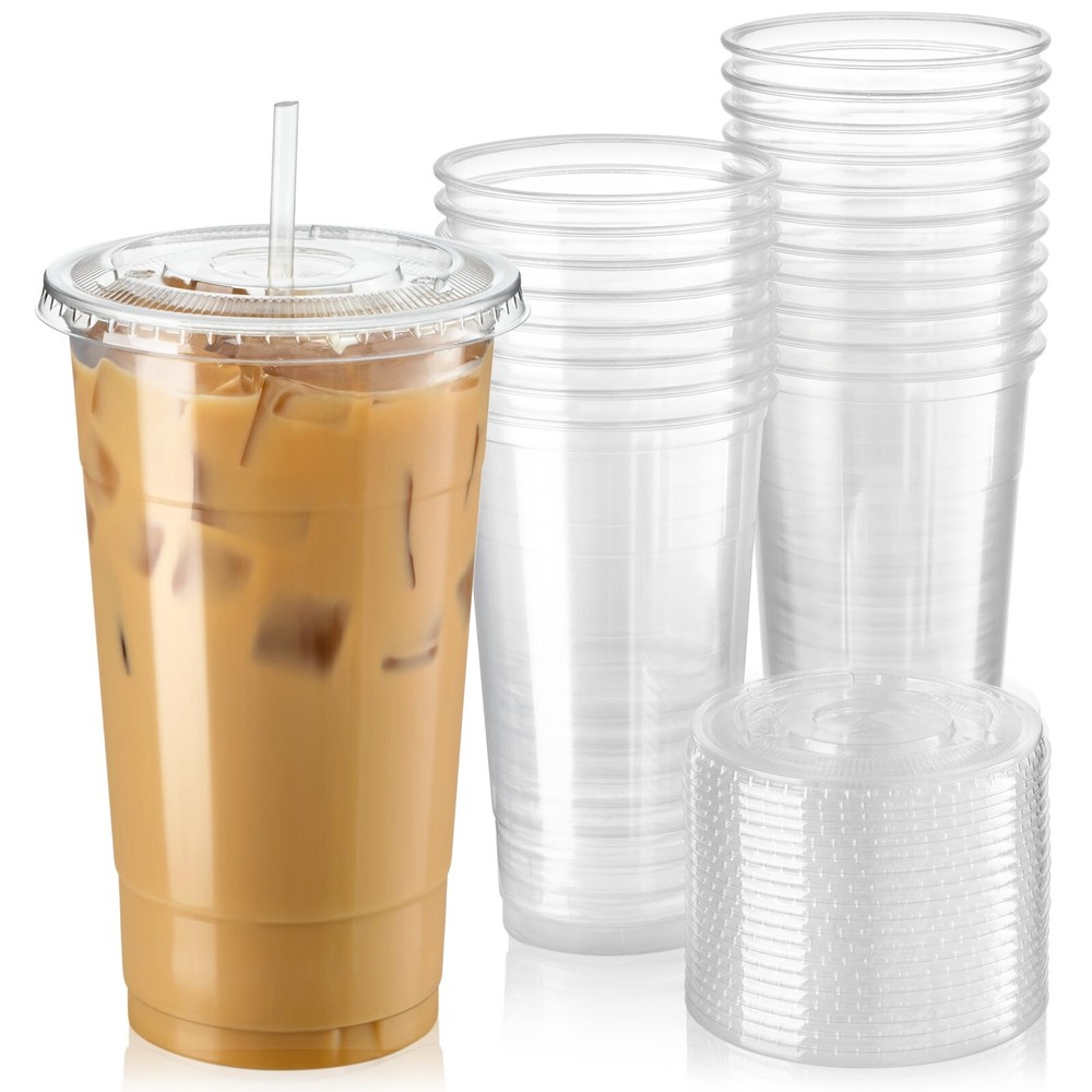100 sets [ 32oz ] Clear Plastic Cups with lids