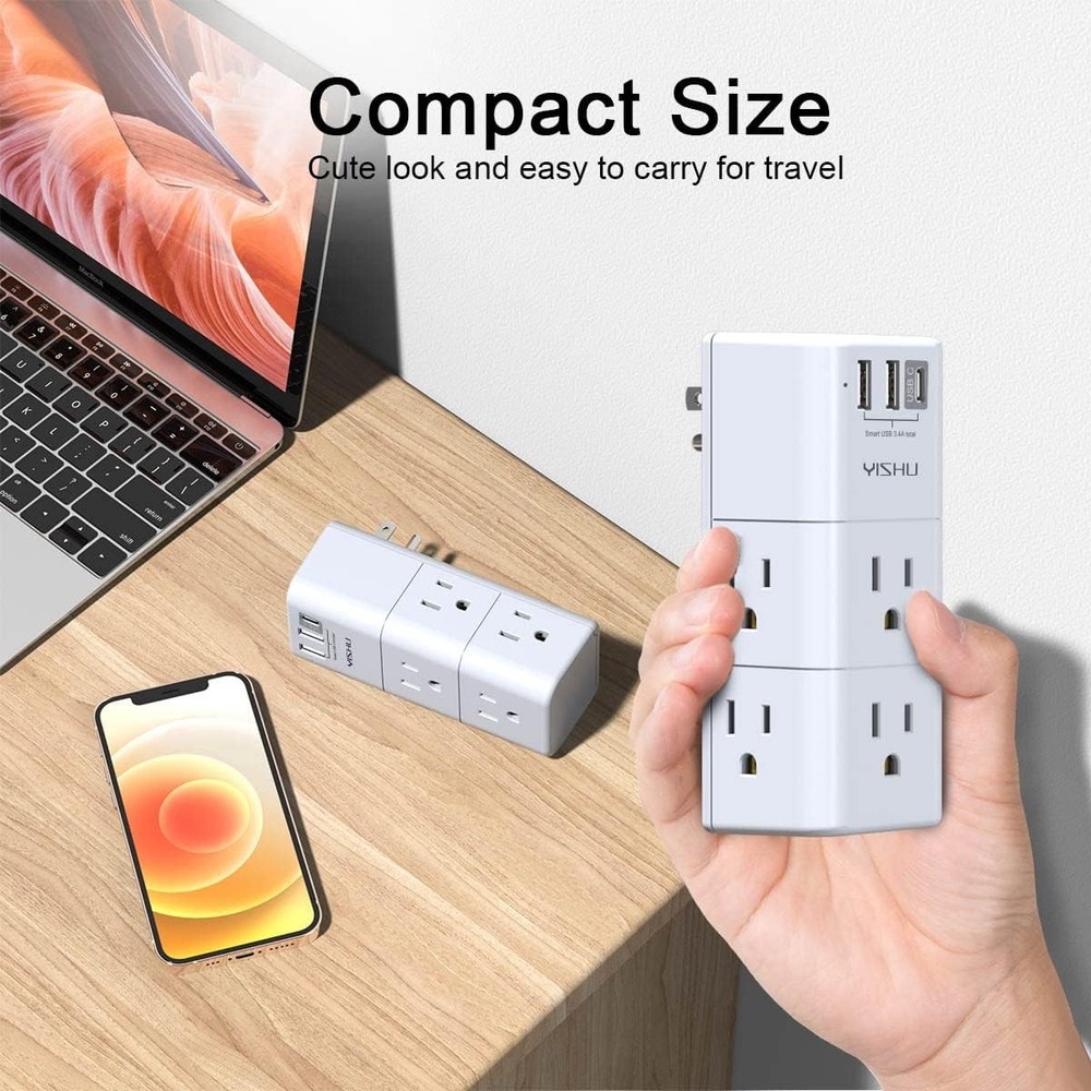 6 AC Plug Extender with 3 USB Ports - USB Multi Plug Outlet Surge Protector