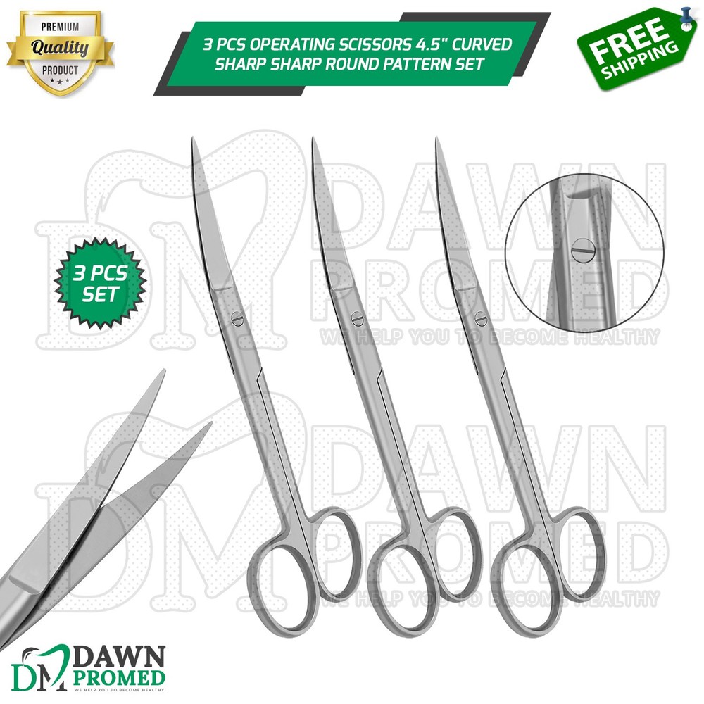 3 Pcs Operating Scissors 4.5" Curved Sharp Sharp Round Pattern Surgical Set