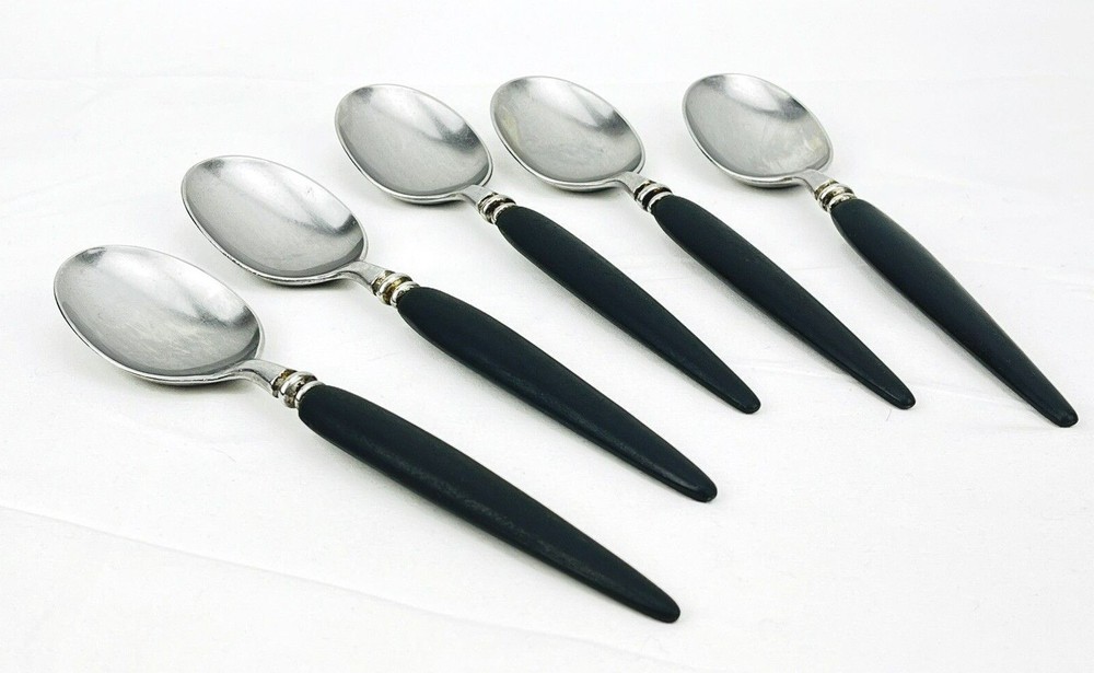 VTG Mid Century Guildcraft Forged Stainless Black Handle Pattern SS Flatware Set