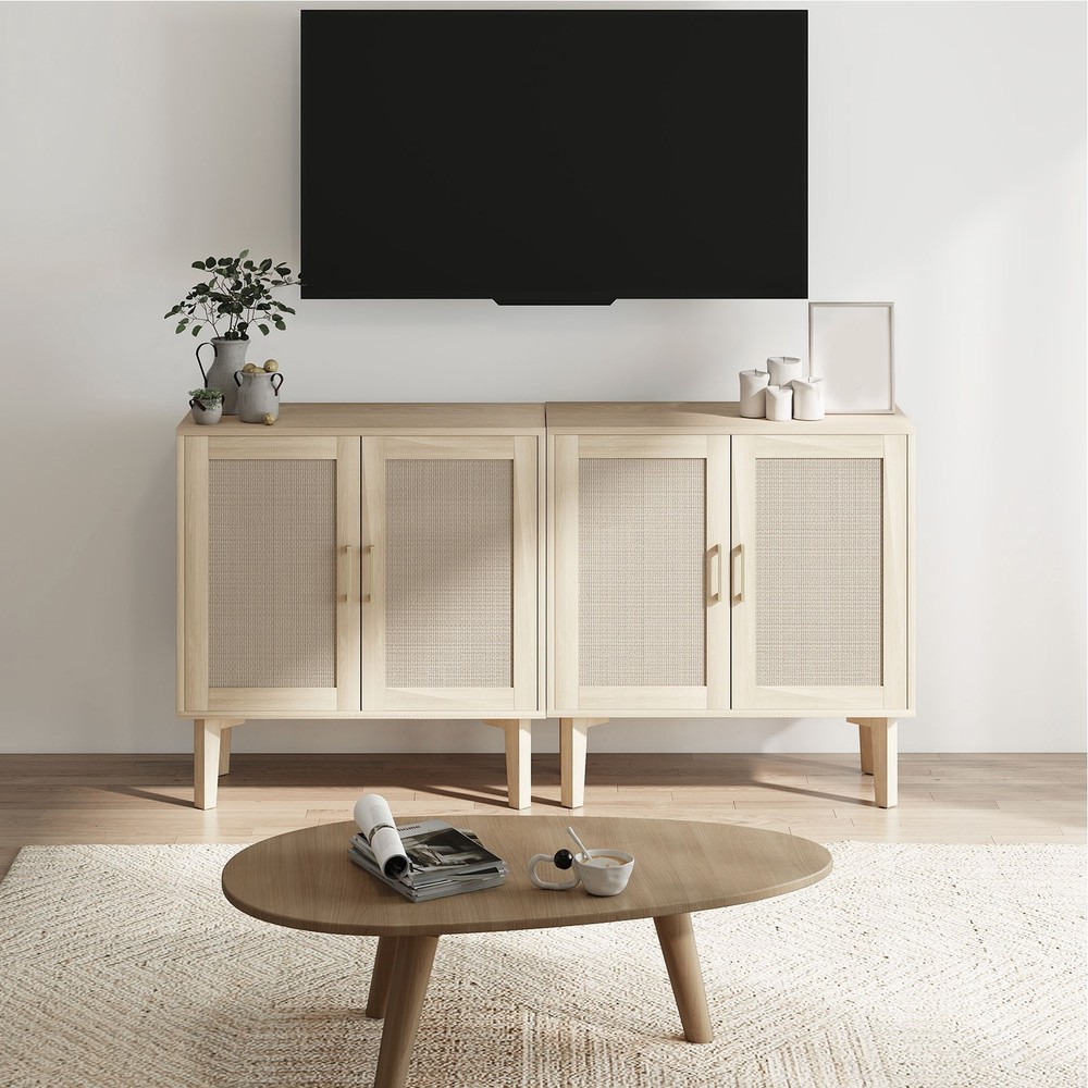 Buffet Cabinet With Rattan Decor Doors Solid Wood Feet Multifunctional PHPF