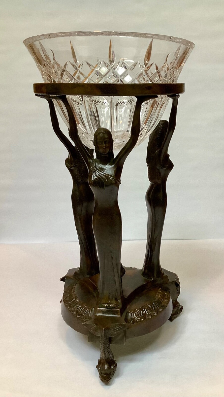 Nouveau Neoclassical Bronze Three Graces Centerpiece Orb or Bowl Stand Koi Feet