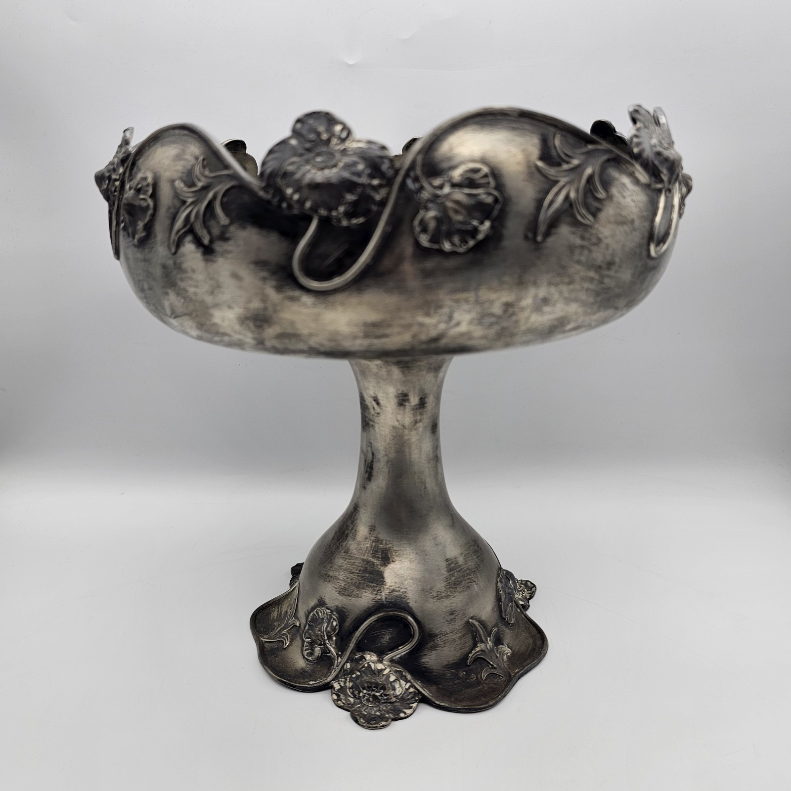 20th Century Art Nouveau Silverplate Pedestal Compote With Floral Relief