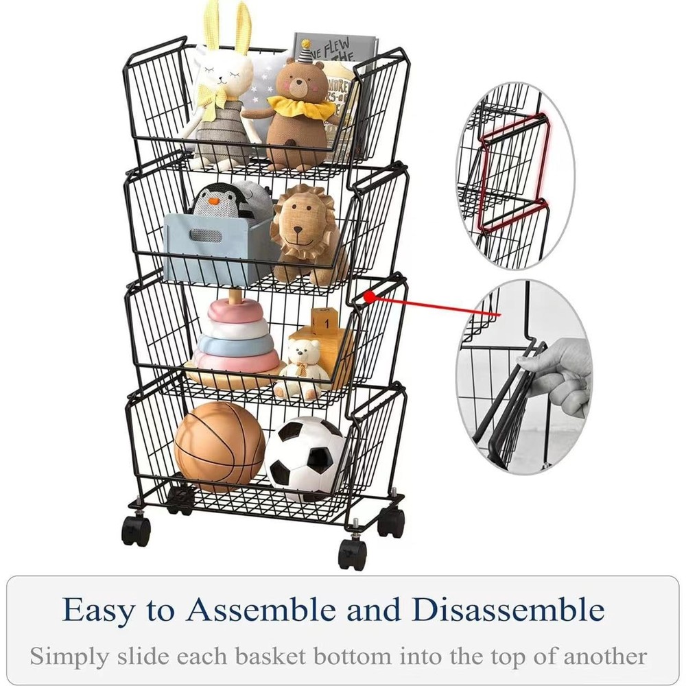 4-Tier Spacious Stackable Wire Storage Baskets with Wheels, Metal Rolling Uti...
