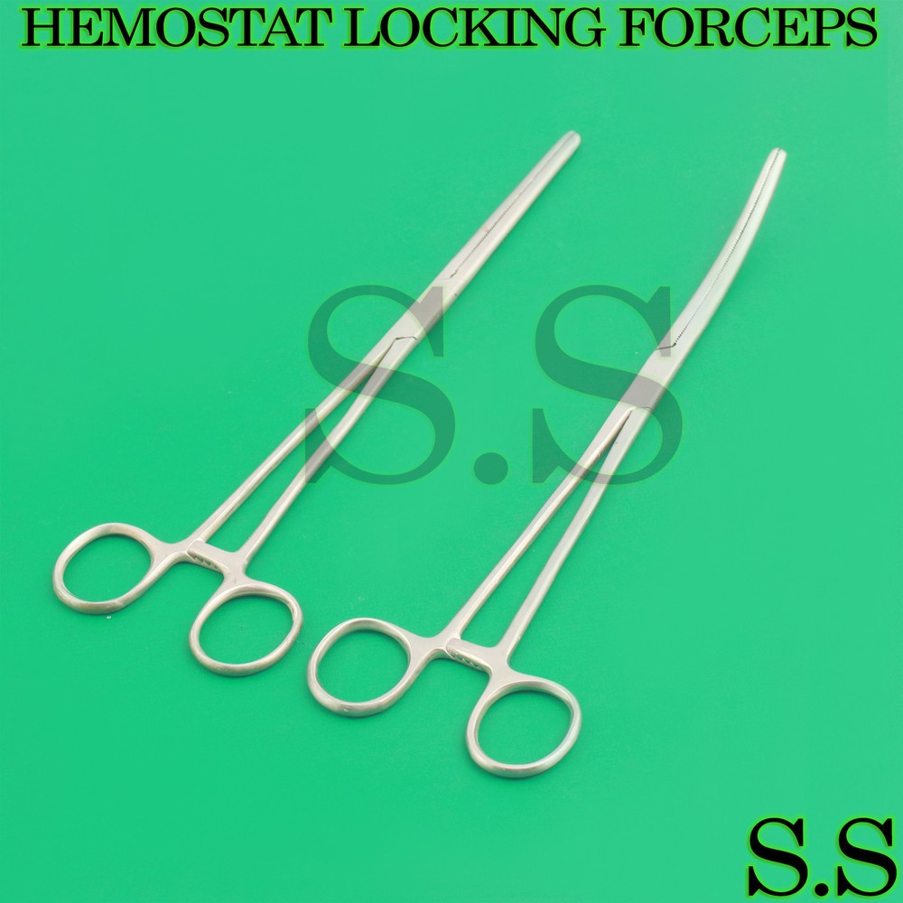 2 FULL SERRATED HEMOSTAT LOCKING FORCEPS 10" STRAIGHT & CURVED TIP