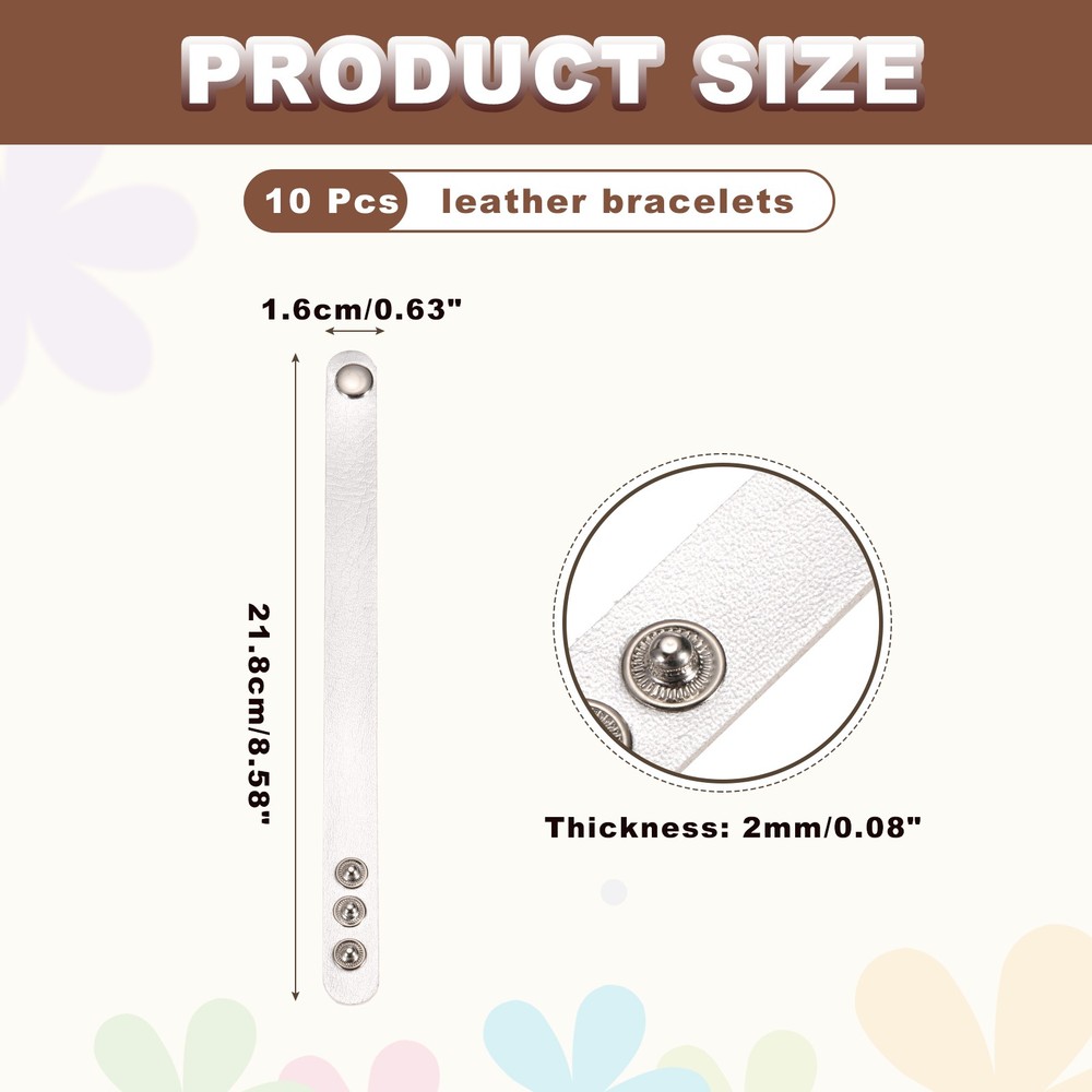 10 Pcs Plain Leather Bracelets Leather Snap Bracelets, Gray