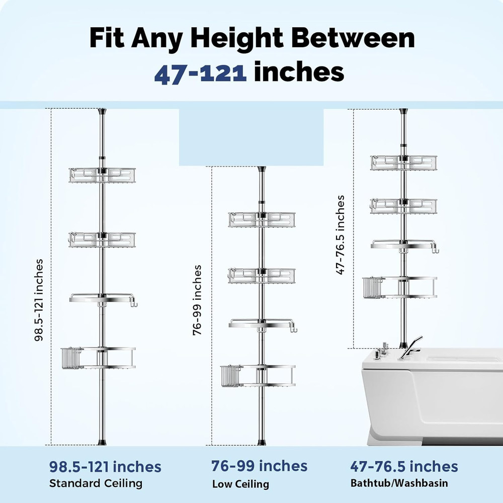 Corner Shower Caddy Tension Pole: Quick Installation 4-Tier Rustproof Bathroom O