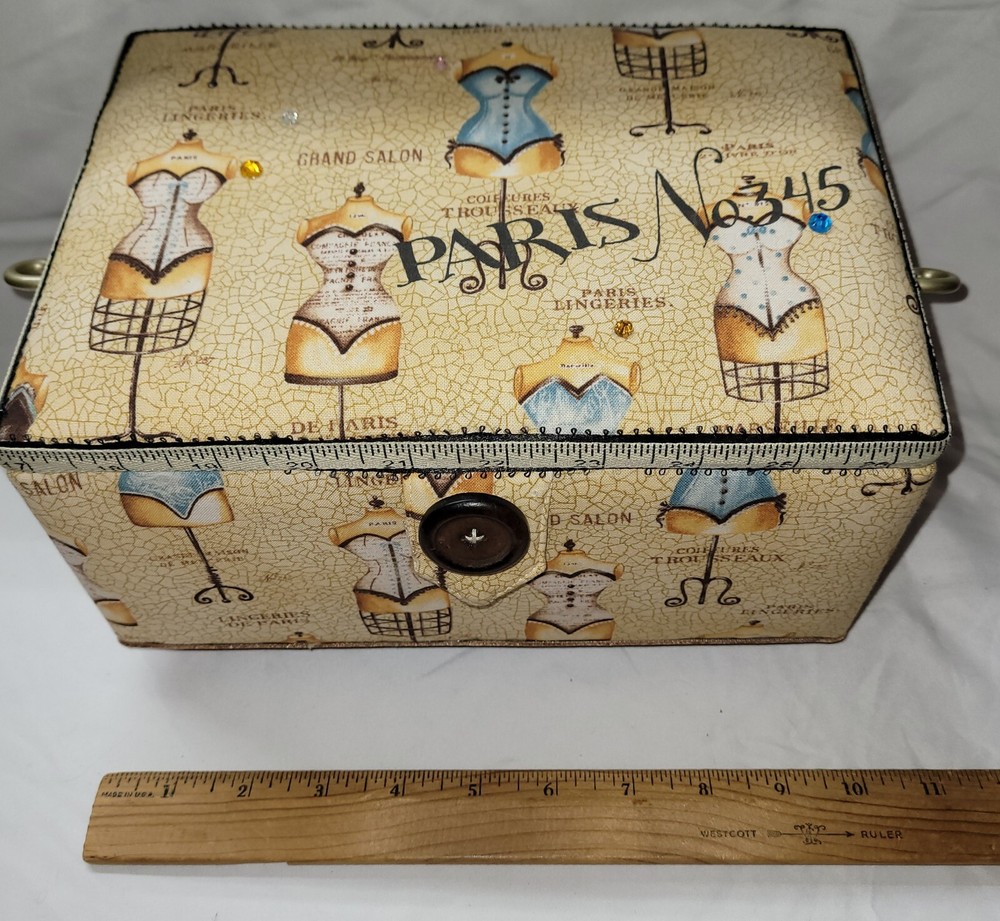 Sewing Basket Box Paris Theme Pattern Tray Handle Pin Cushion Pockets Quilted