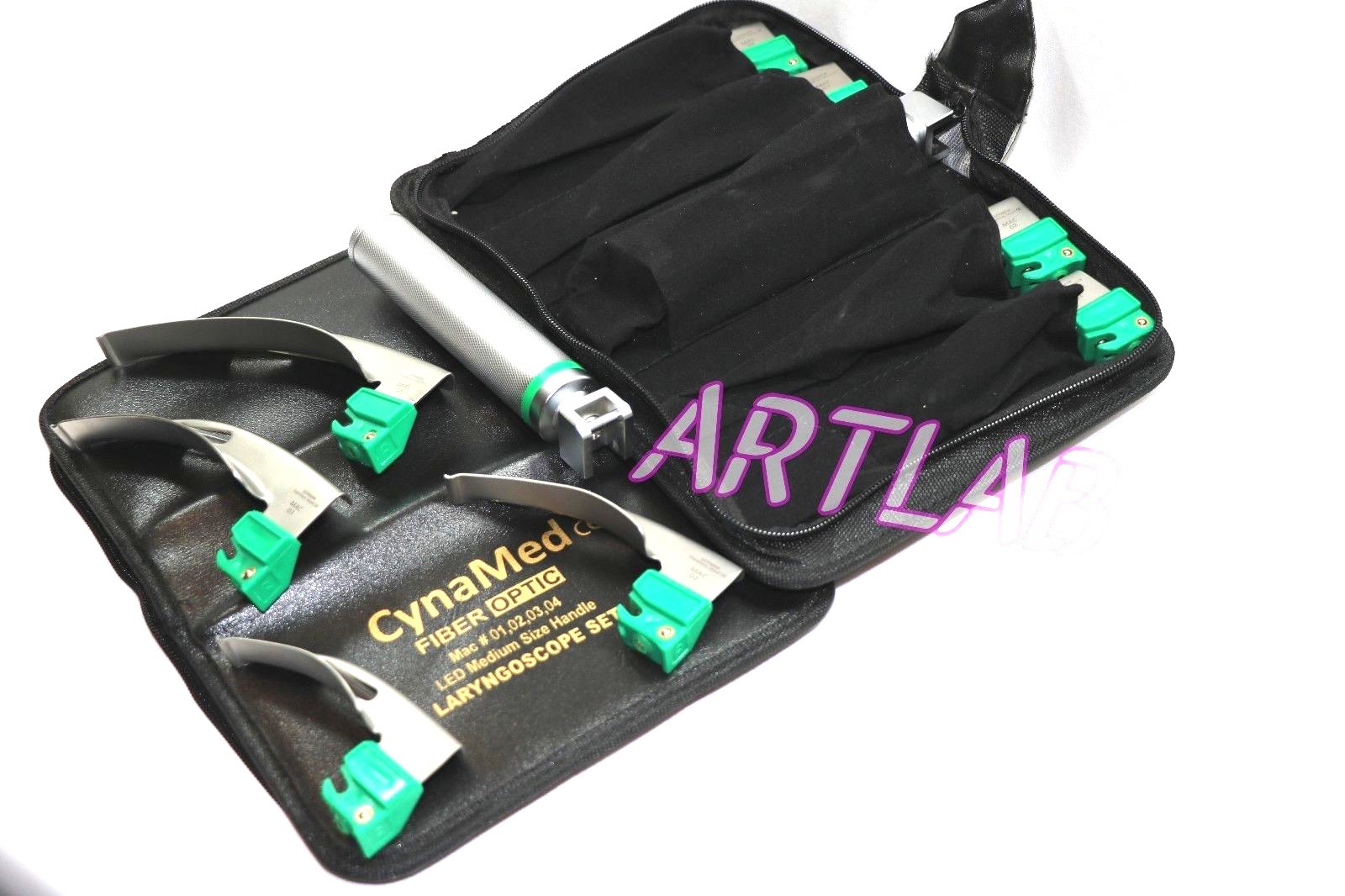 FIBER-OPTIC LARYNGOSCOPE SET OF 4 INTUBATION BLADES 1,2,3,4 + MEDIUM HANDLE