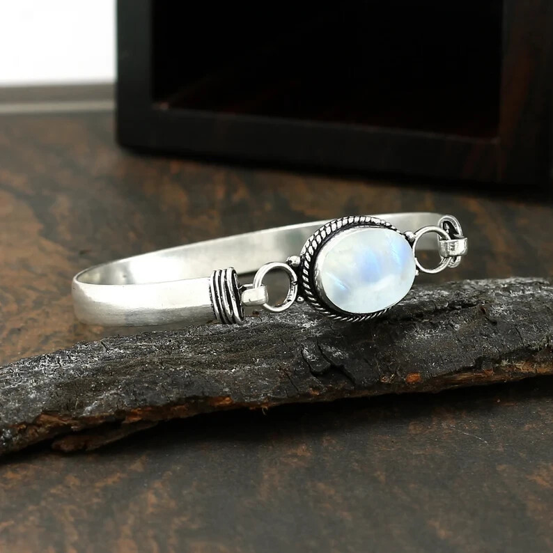 Rainbow Moonstone Gemstone 925 Sterling Silver Bracelet Cuff