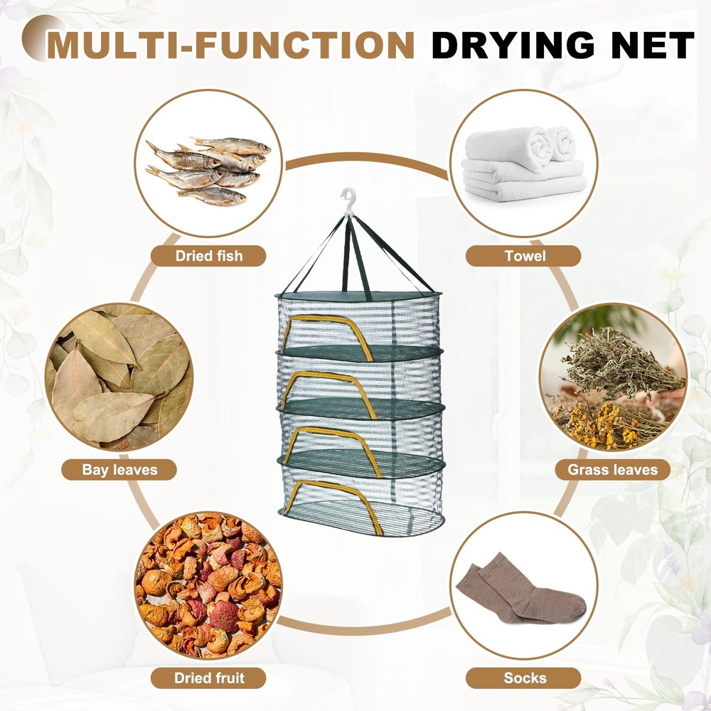 Herb Drying Rack, 24" 4-Layer Hanging Drying Mesh Net, Green