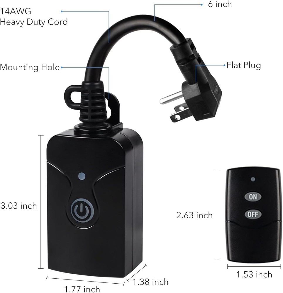 2 Pack Weatherproof Wireless Remote Control 3-Prong Outlet, 15A, 100ft Range