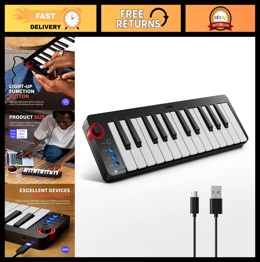 25-Key MIDI Keyboard Controller for Beginners - Velocity-Sensitive Keys & Light-