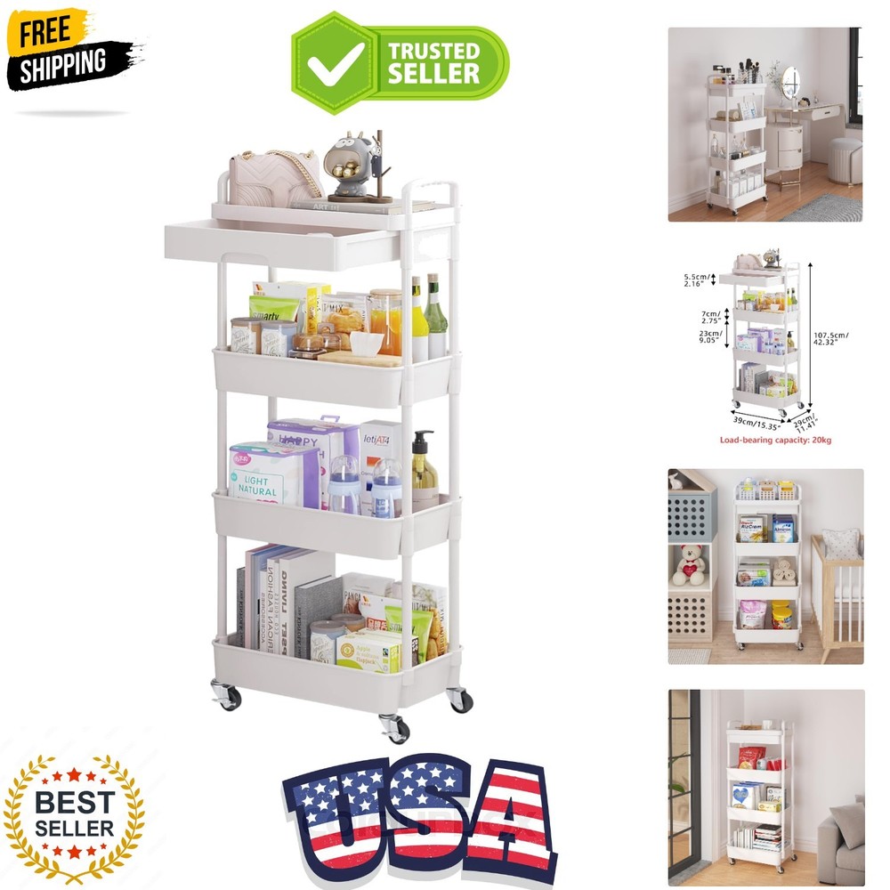 4-Tier Rolling Utility Cart with Drawer,Multifunctional Storage Organizer wit...