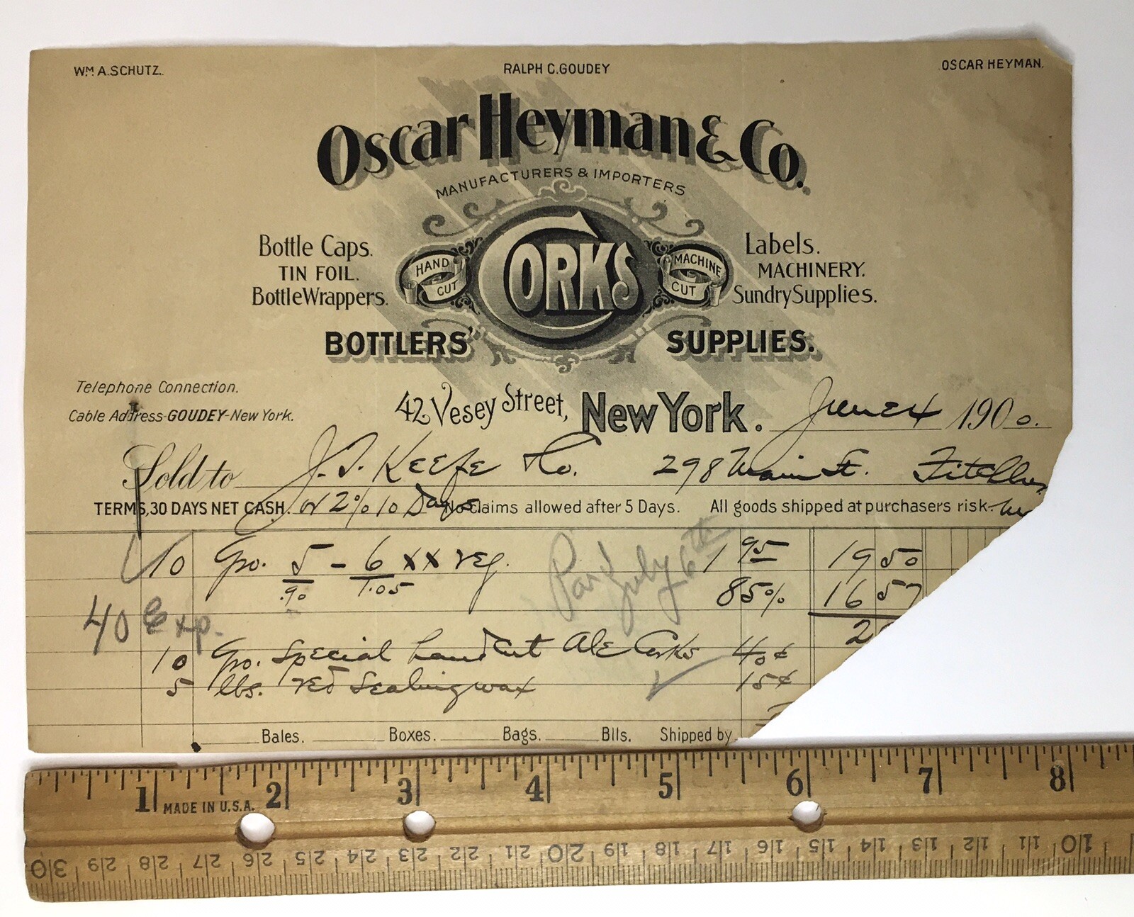 Oscar Heyman & Co. Bottlers Corks Labels Sundry Supplies 1900 Billhead New York