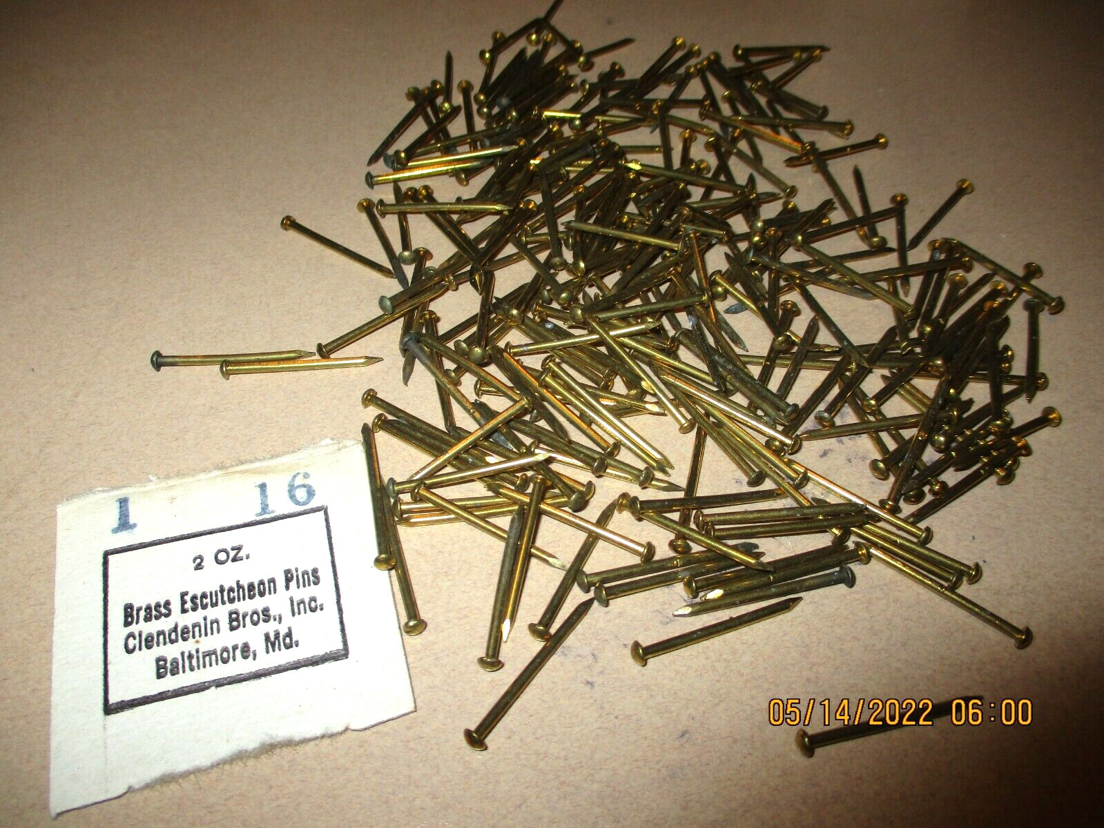 100 - VINTAGE, 1" X #16 SOLID BRASS BRAD, ROUND DOME HEAD ESCUTCHEON PINS