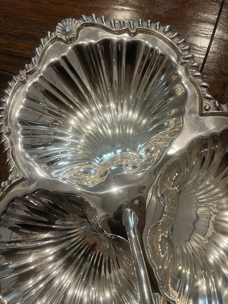 Vtg Silver Plate Silver By Sacks Clam Shell 3 Section Tray