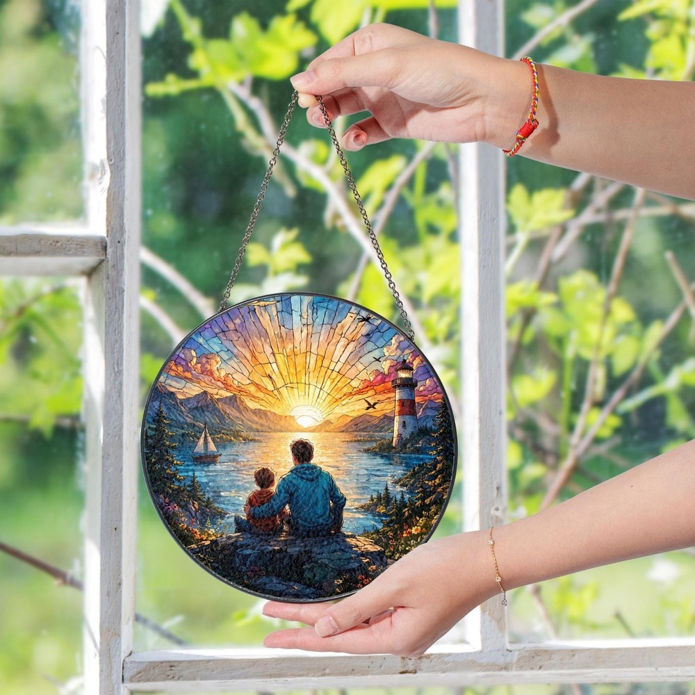 Father Son Lighthouse Suncatcher, Sunset Window Decor Gift