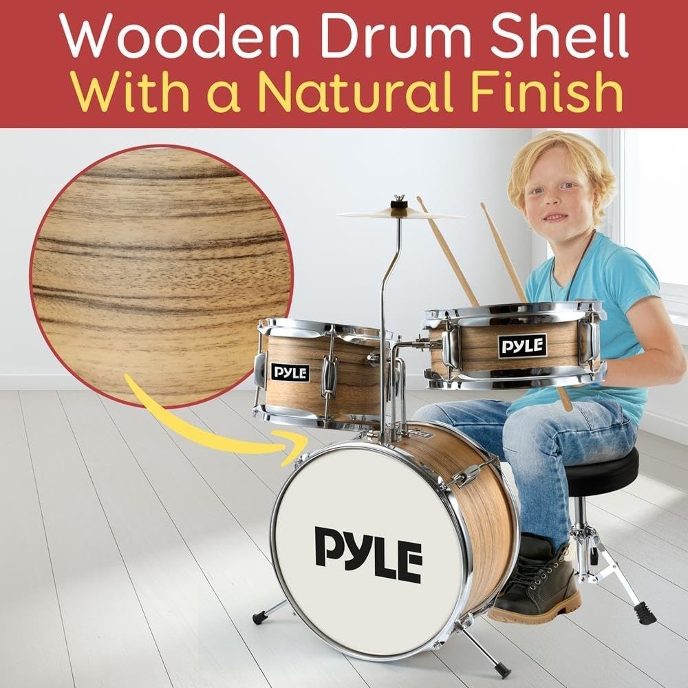 Pyle 3 Pcs Drum Set Beginner Junior Drummer Kit-Adjustable Throne -Natural