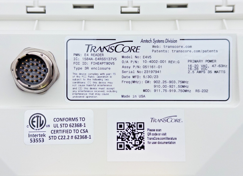 TransCore E4V5 Encompass 4 RFID Reader 914Mhz 2W, 16-20VAC, 16-28VDC, 2.5A