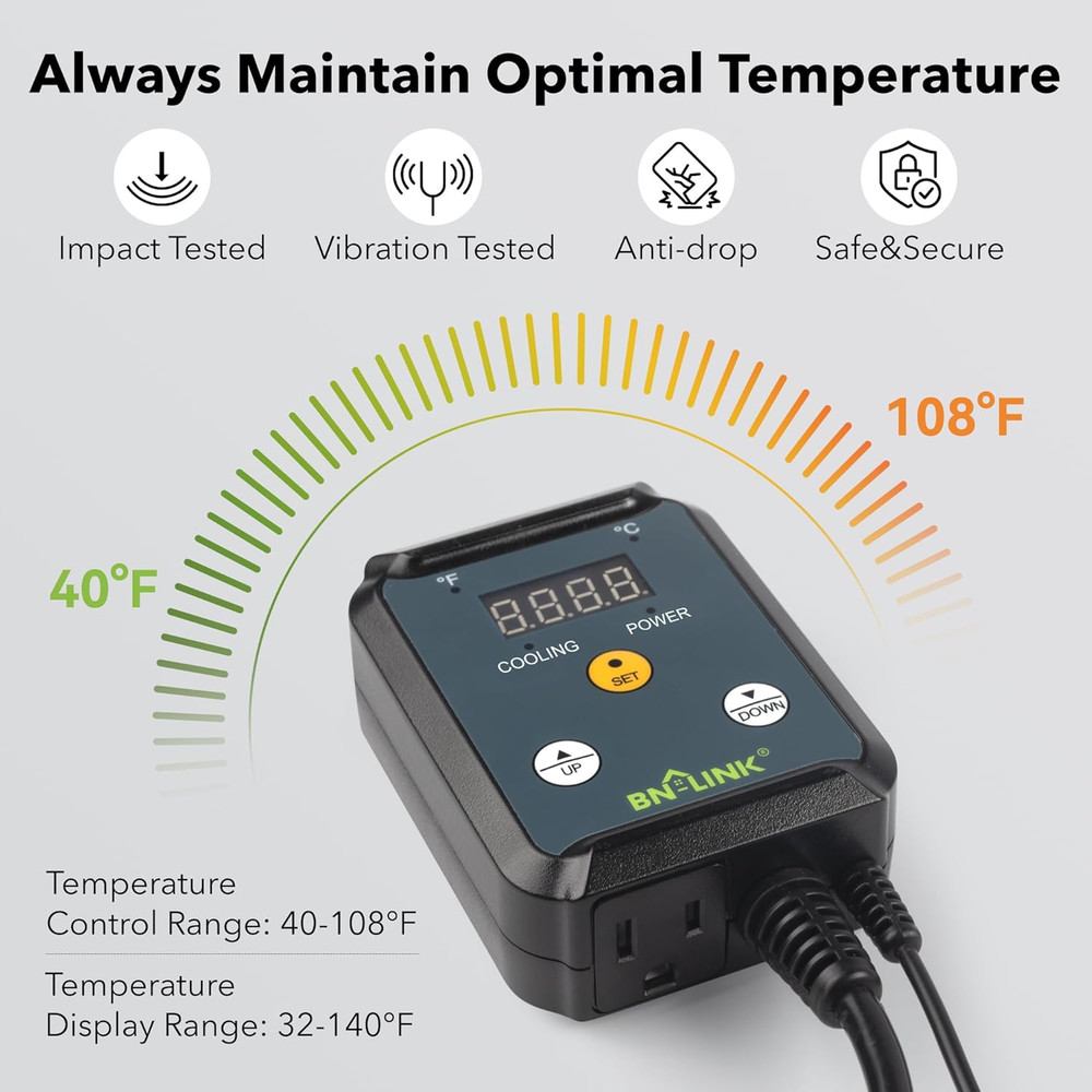 Digital Cooling Thermostat Controller, Temperature Controlled Outlet for Attic F