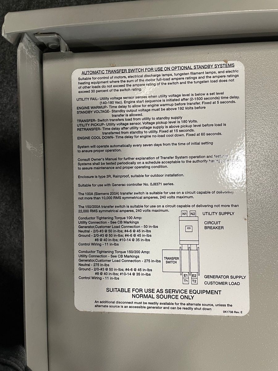 GENERAC RXSW200A3 Smart Transfer Switch 200A, 120/240V, 60Hz*