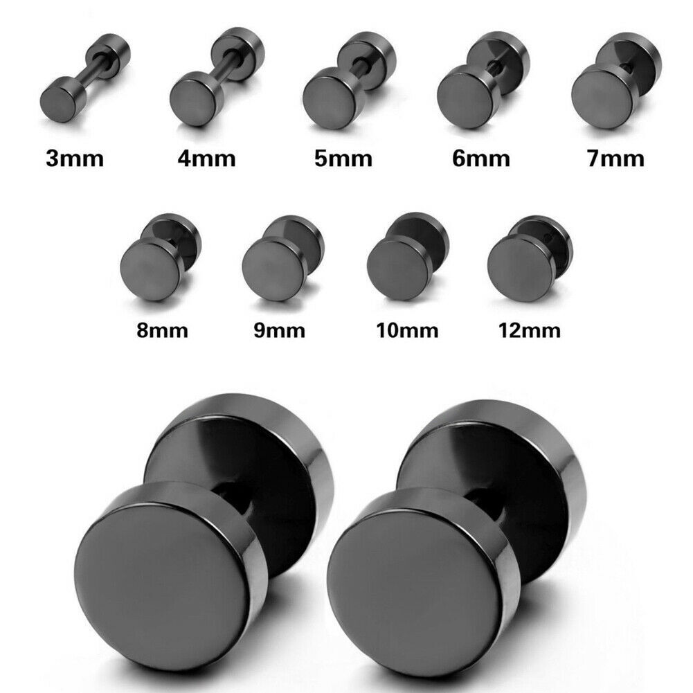 Stainless Steel Black Stud Earrings for Men Women Faux Gauges Ear Tunnel Earring