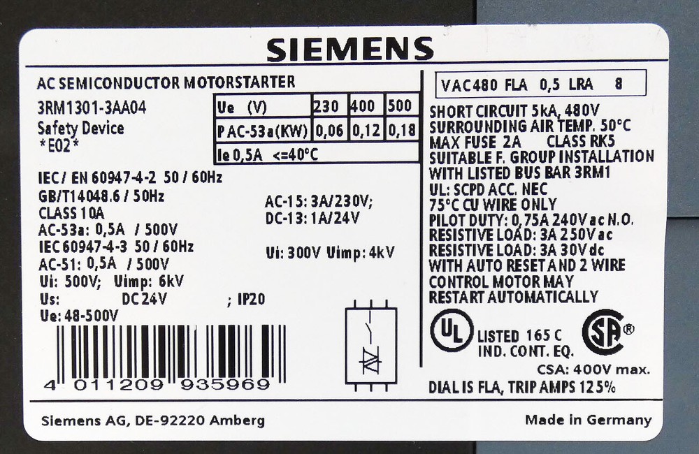 Siemens 3RM1301-3AA04 E-Stand: 02 Motor Starter -Unused-