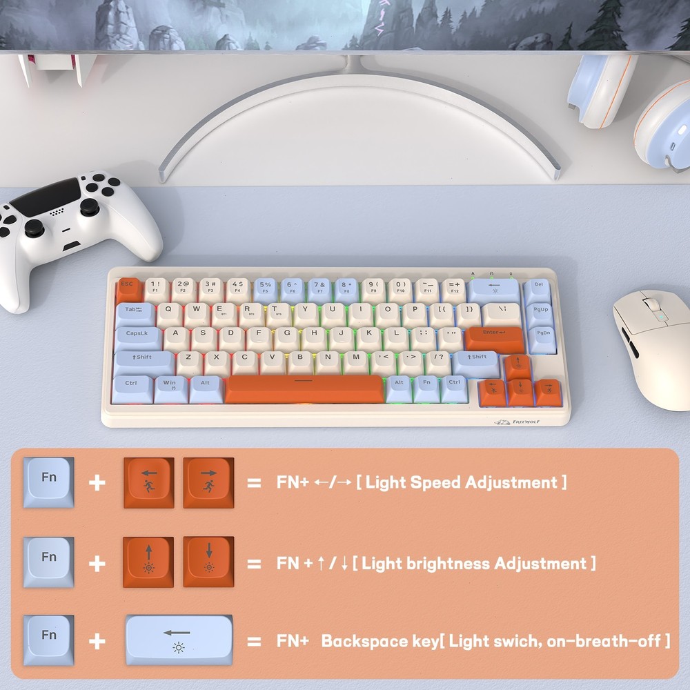 65% Wireless Membrane Gaming Keyboard Rainbow LED Backlit Silent for Win/Mac