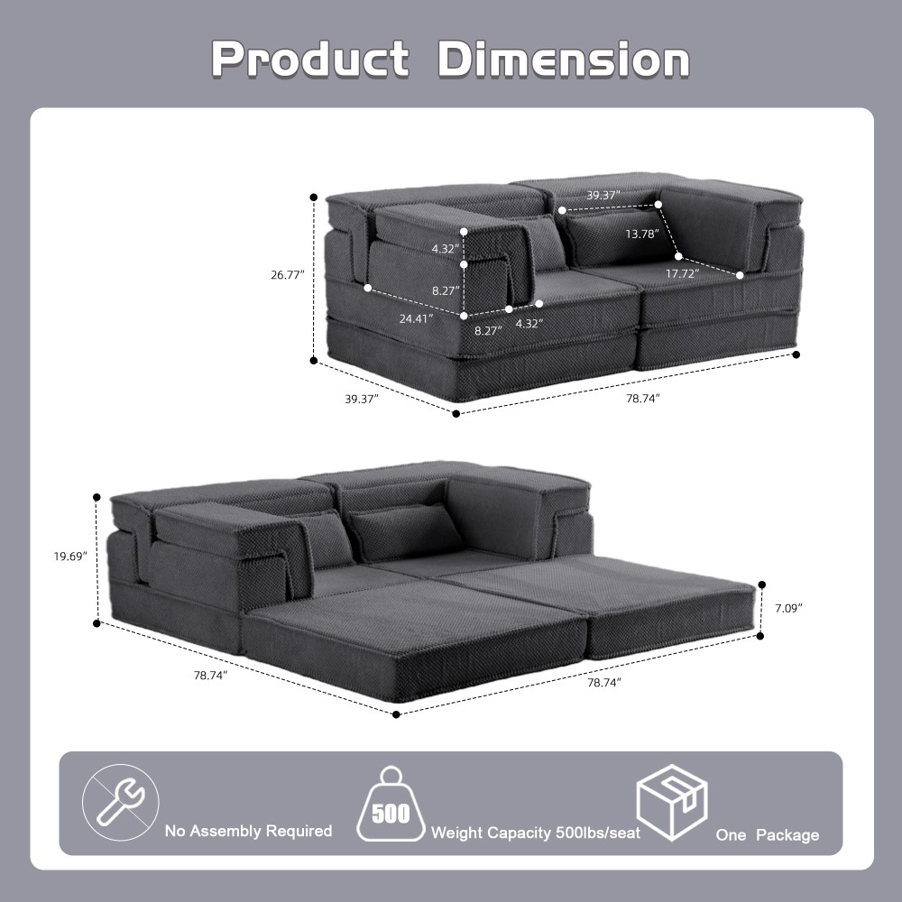 Modular Sectional Sofa w/ Memory Foam, Convertible Loveseat, Dark Grey
