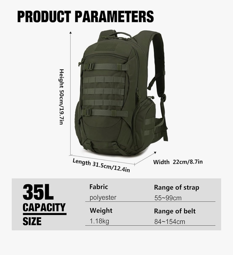 Mardingtop Green 35L Tactical Backpack With Raincover