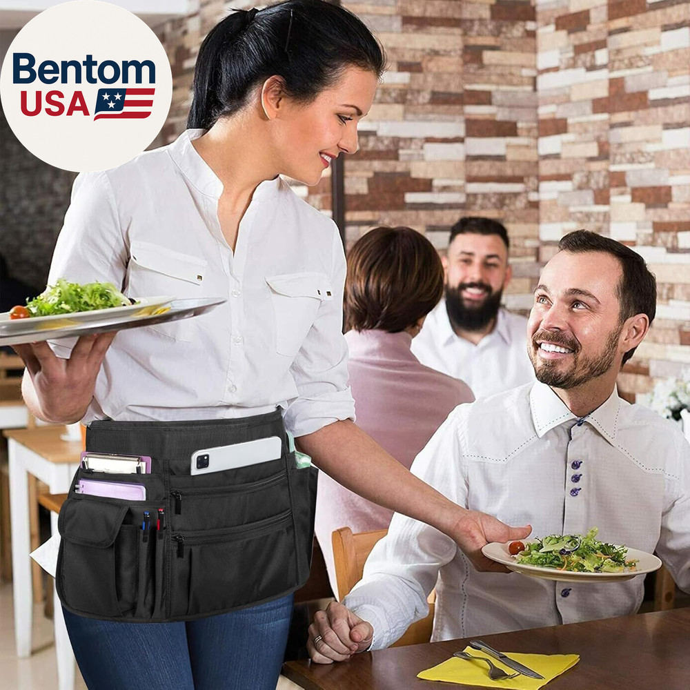 Waitress Server Apron with Multiple Pockets, Half Apron with Adjustable Belt for