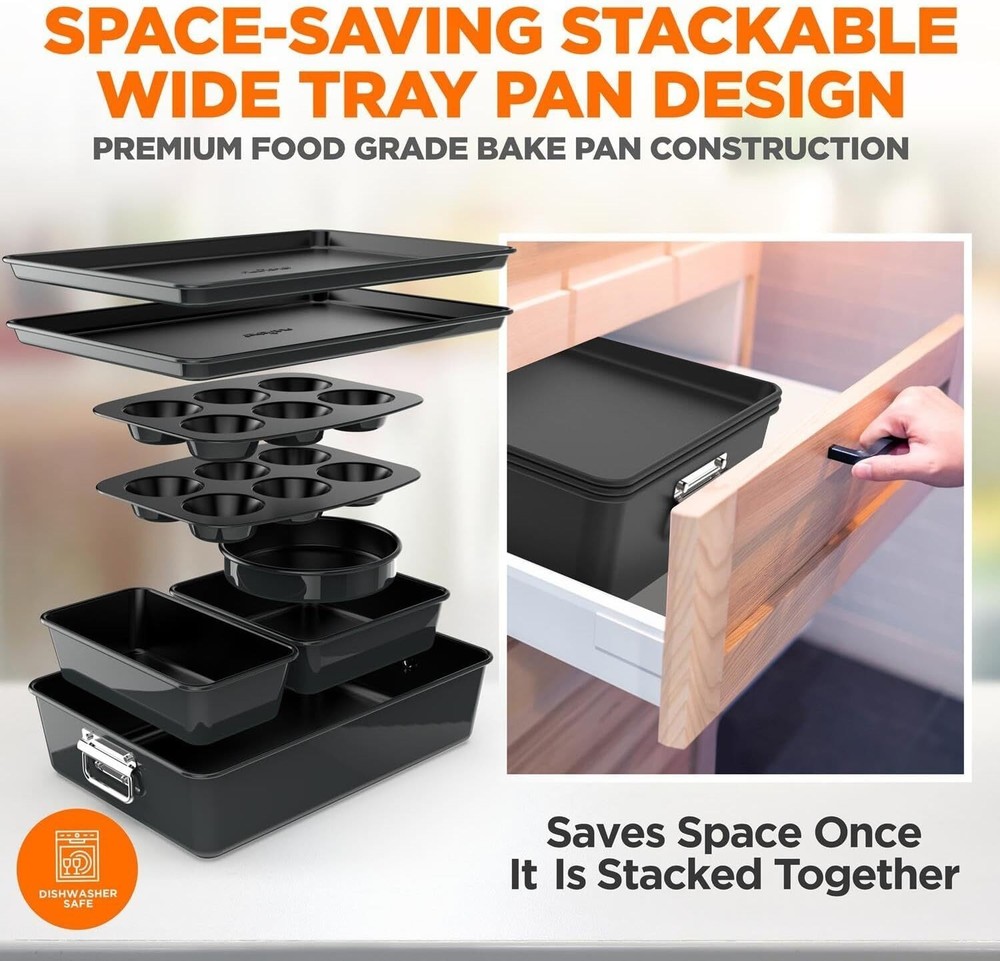 8-Piece Stackable Nonstick Bakeware Set Steel Baking Tray for Food Prep Serving