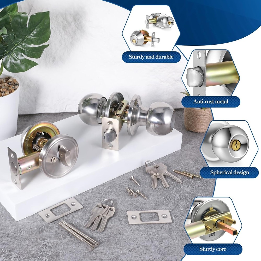 2 Sets Entry Door Knob Dead Bolt Level Locks Combo Set Silver
