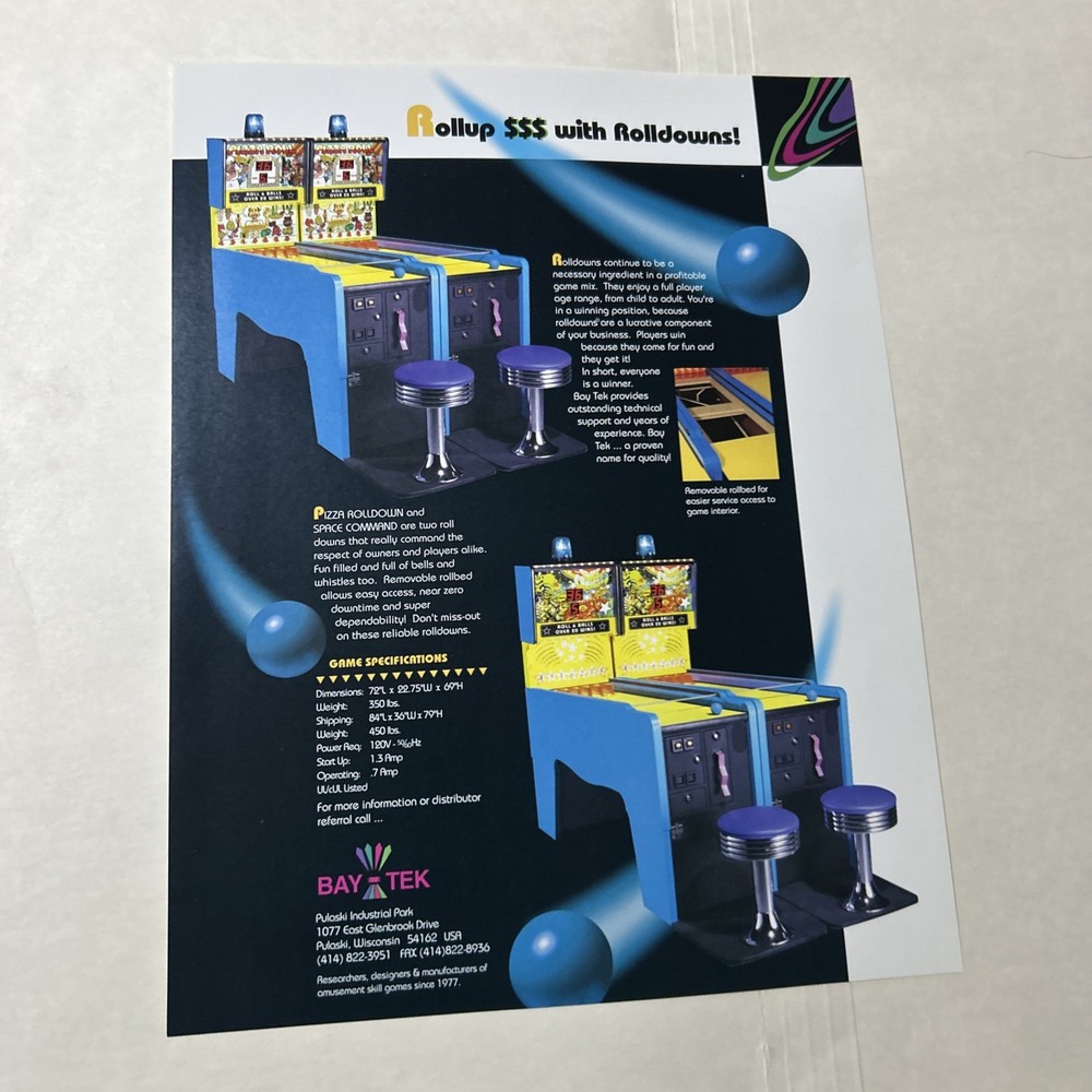 Original Factory Bay Tech Pizza Roll Down Ticket Arcade Game Flyer
